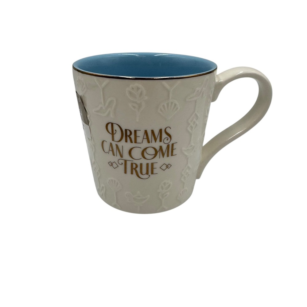 Hallmark Disney Mug Cream Dreams Can Come True Embossed Gold Rim Blue Interior